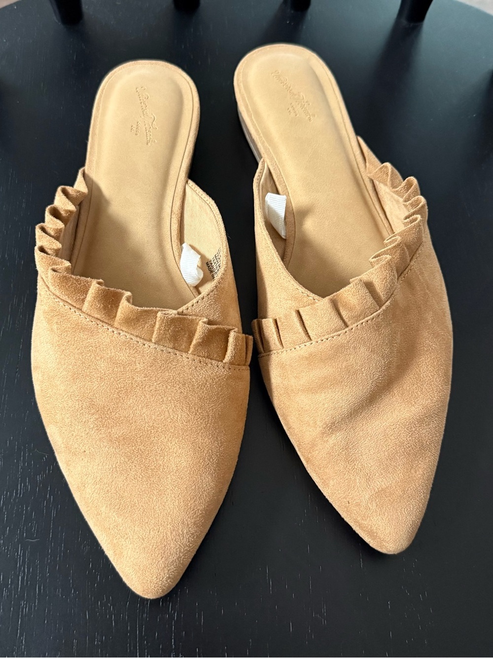 Universal Thread Tan Pointed Ruffle Suede Mules